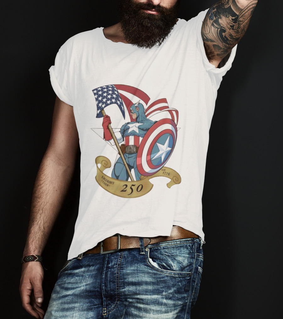 Captain America Marvel 250 E Pluribus Unum EST 1776 Patriotic Hero Shield American Flag T-Shirt
