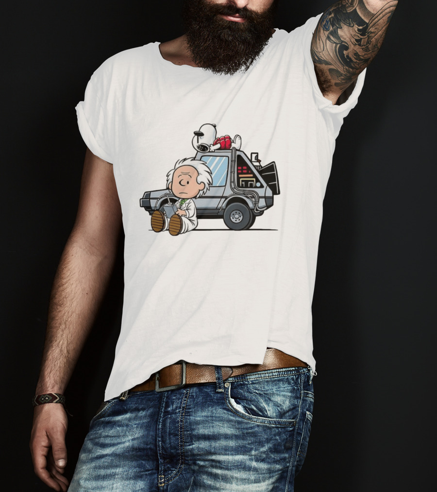 Doc Brown Snoopy Back To The Future Delorean Time Machine Cartoon Mashup T-Shirt