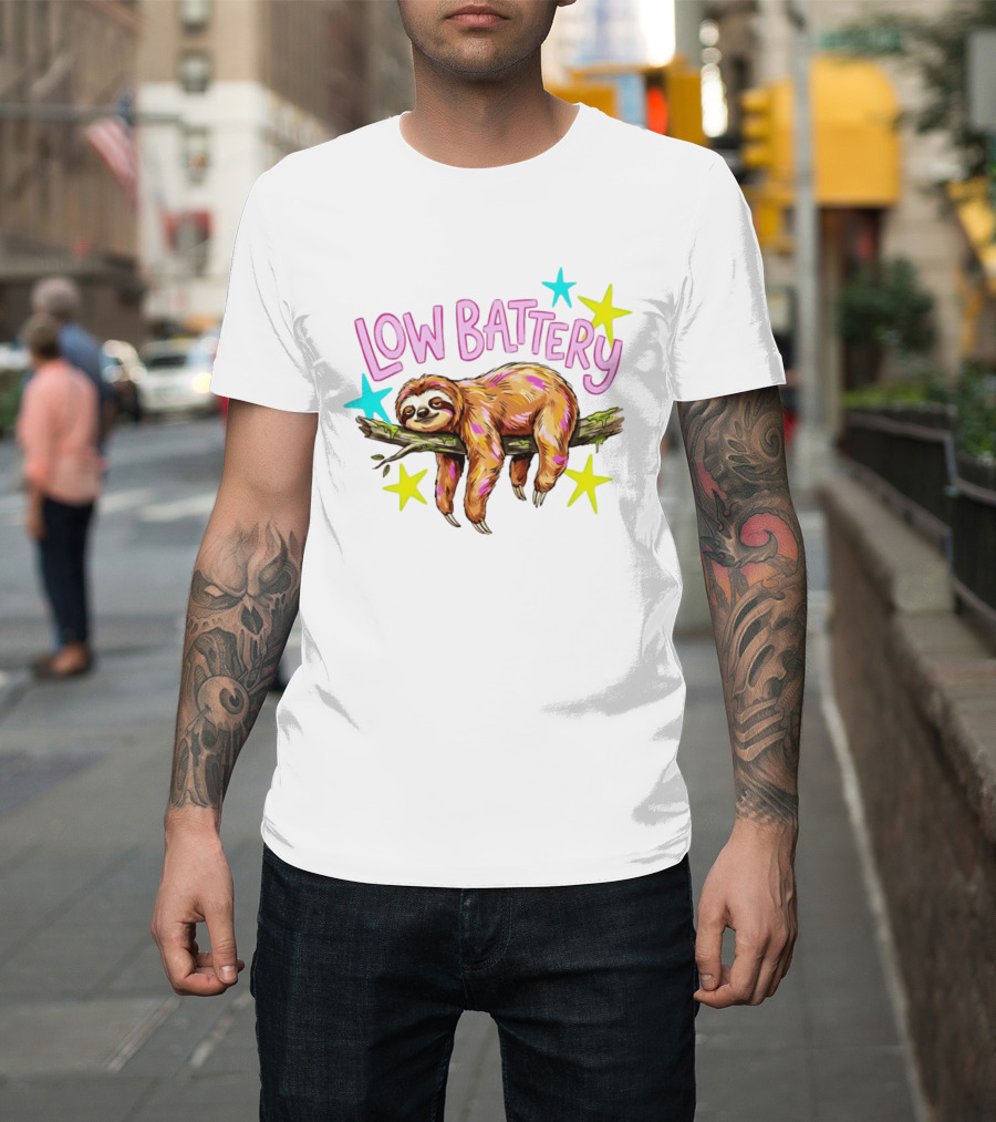 Lazy Sloth Low Battery Tired Animal With Colorful Stars T-Shirt
