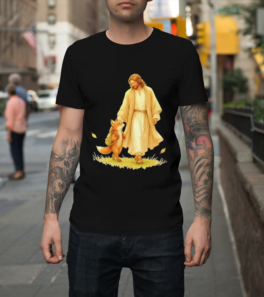Jesus Christ And Fox Companion With Backpack In Nature Scene T-Shirt