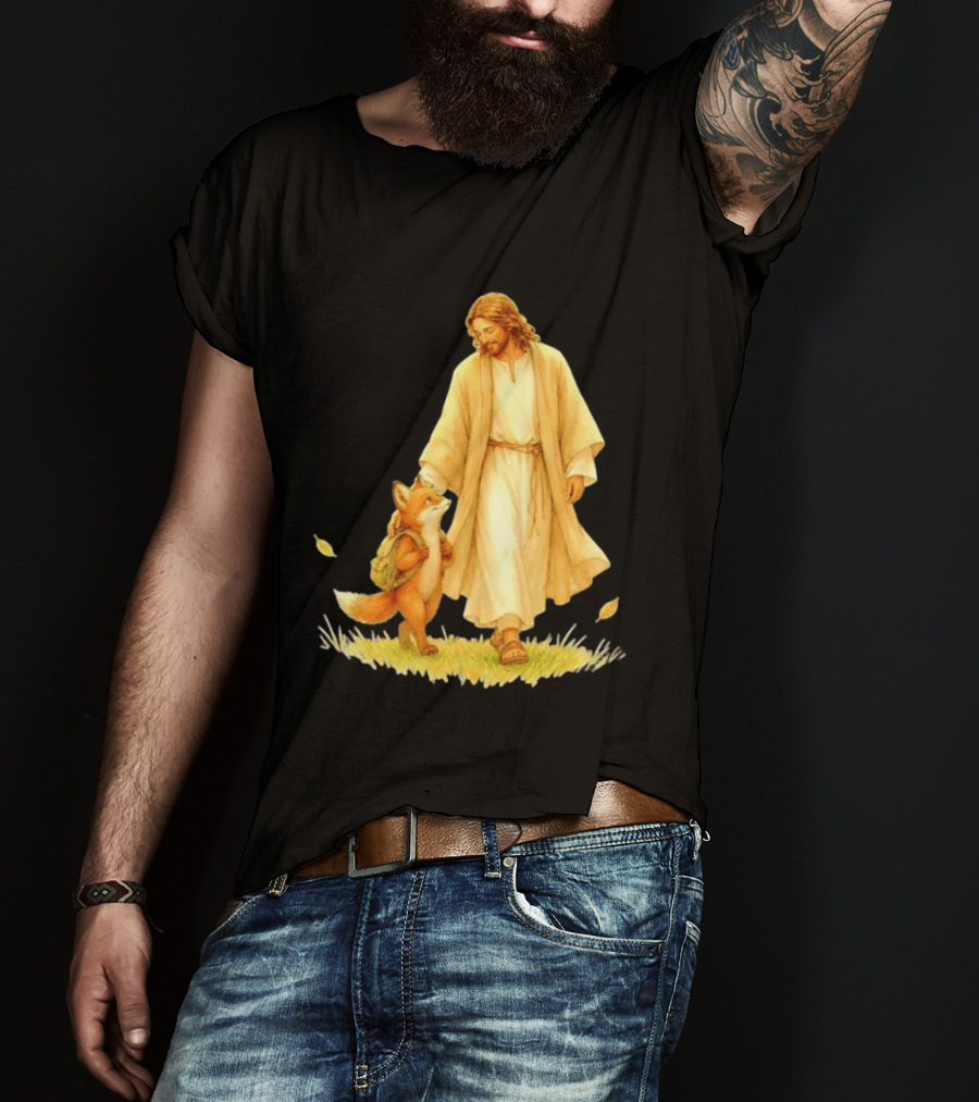 Jesus Christ And Fox Companion With Backpack In Nature Scene T-Shirt