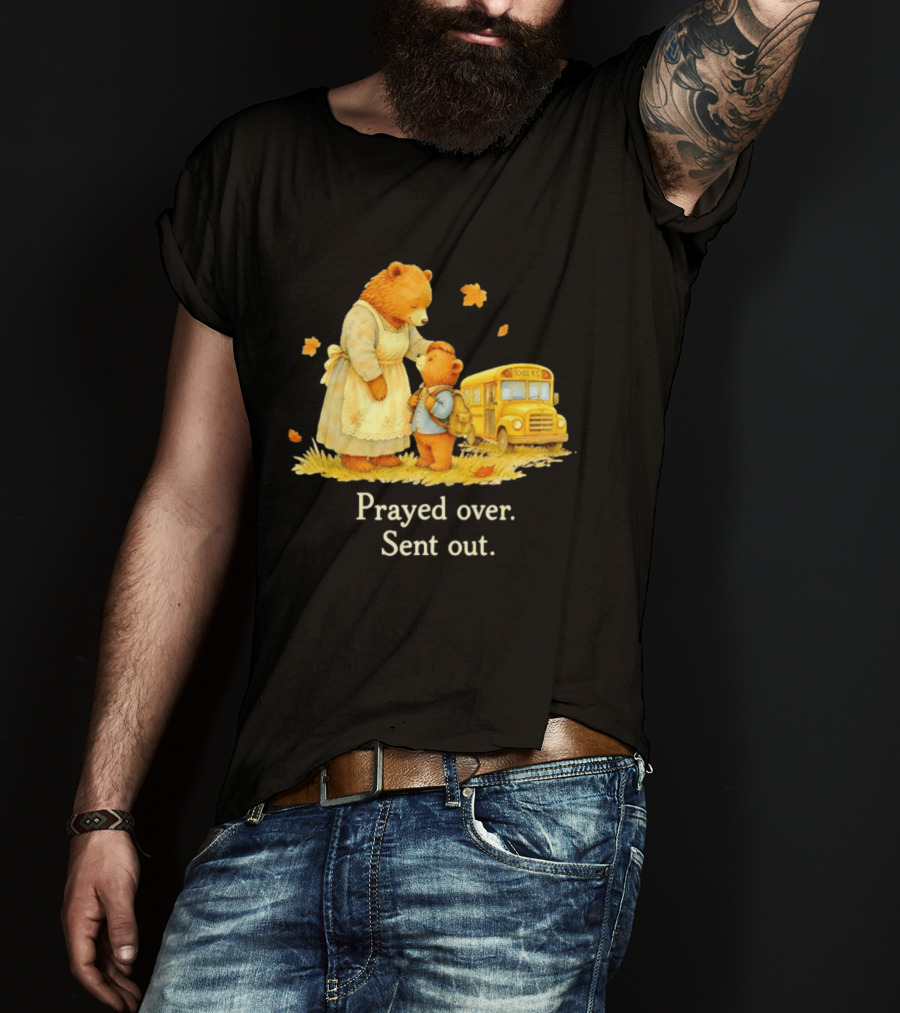 Mama Bear And Cub School Bus Prayed Over Sent Out Back To School Autumn Scene T-Shirt