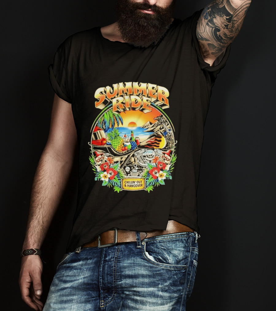 Summer Ride Chillin' Out Hangover Motorcycle Beach Sunset Tropical Fruits Floral T-Shirt