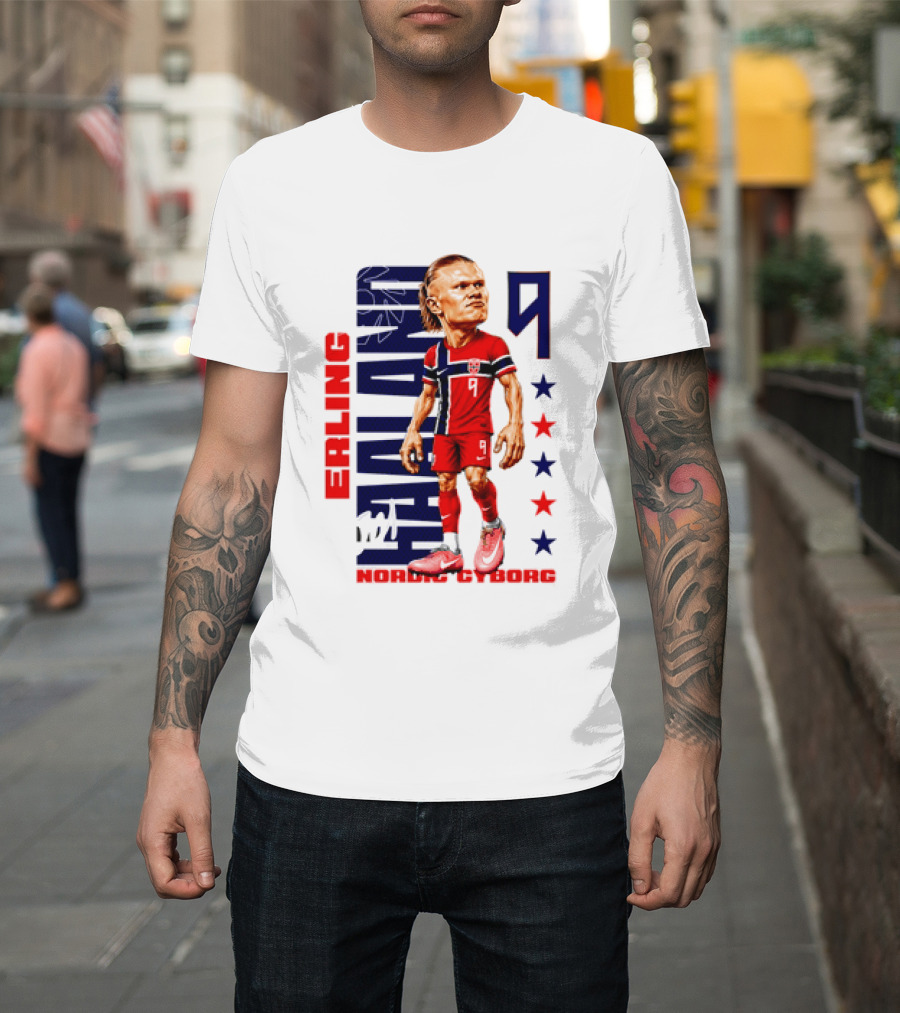 Erling Haaland No 9 Nordic Cyborg Stars And Stripes Caricature T-Shirt