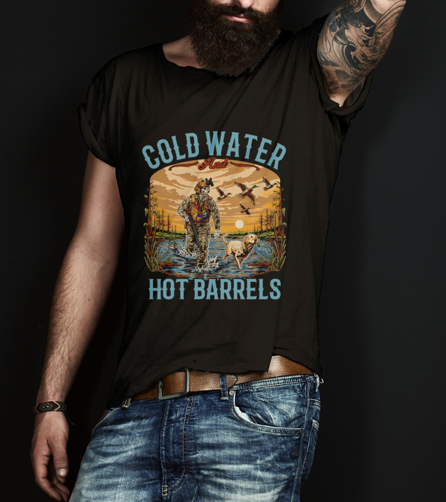 Cold Water And Hot Barrels Skeleton Hunting Ducks Scene With Dog T-Shirt