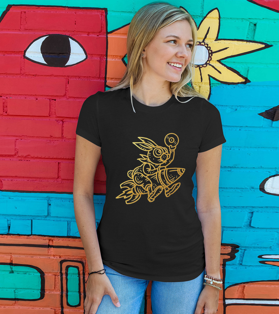 Golden Rabbit Riding A Rocket With Vinyl Record Music Space Adventure T-Shirt