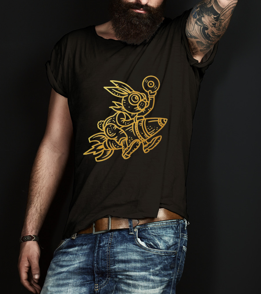 Golden Rabbit Riding A Rocket With Vinyl Record Music Space Adventure T-Shirt