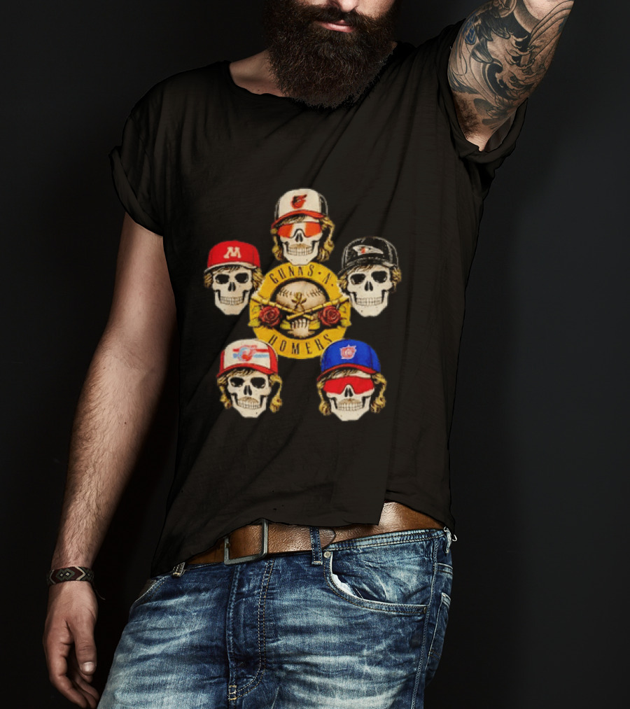 Gunns N Homers Baseball Skull Mashup With Five Caps T-Shirt