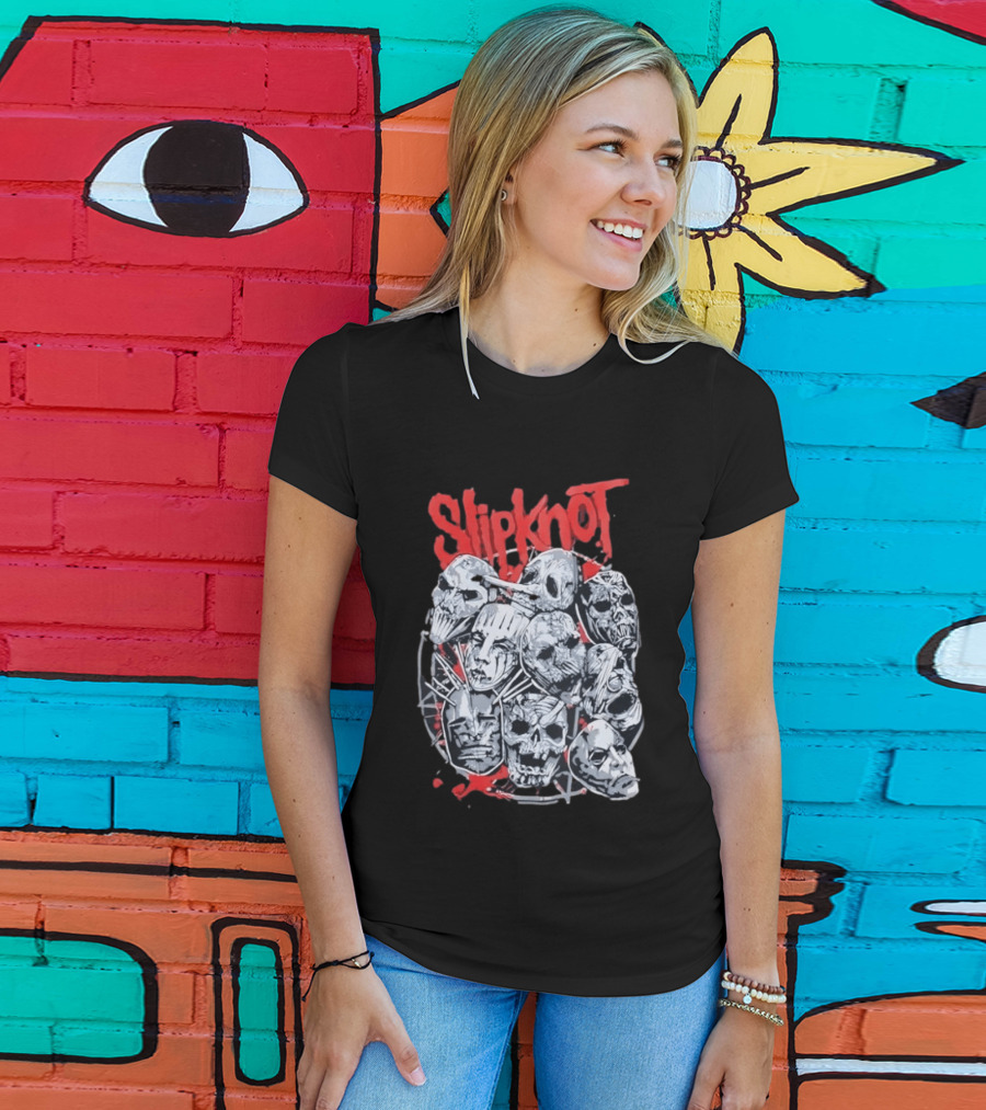 Slipknot Mask Collection With Band Name In Red T-Shirt