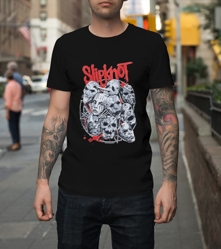 Slipknot Mask Collection With Band Name In Red T-Shirt