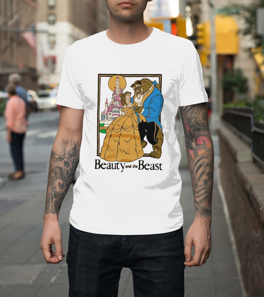Beauty And The Beast Belle And Beast Dancing In Front Of Castle T-Shirt