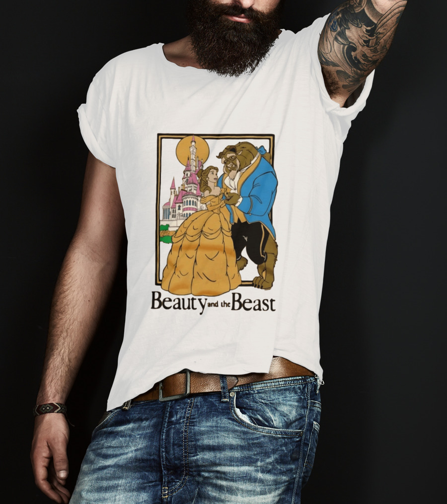 Beauty And The Beast Belle And Beast Dancing In Front Of Castle T-Shirt