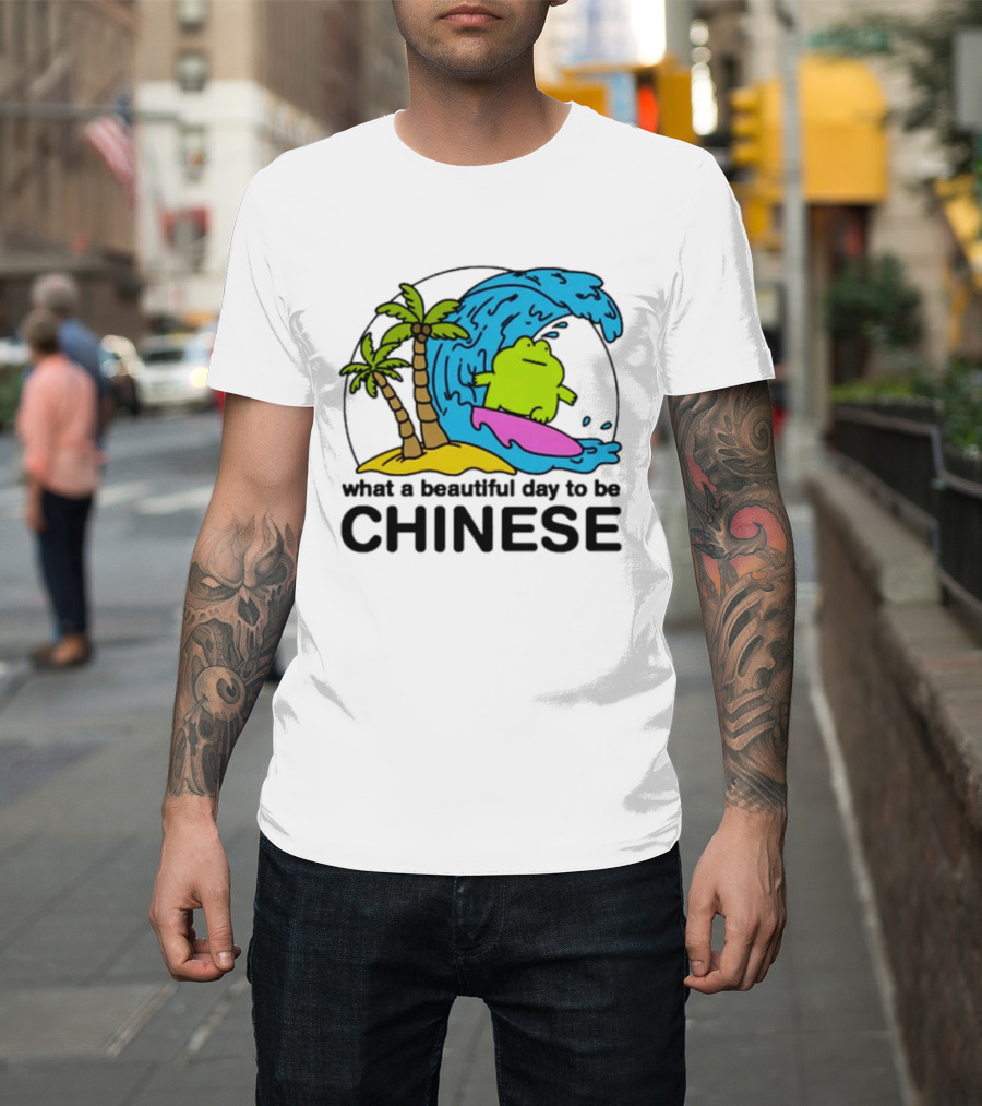 What A Beautiful Day To Be Chinese Surfing Frog With Palm Trees And Waves T-Shirt