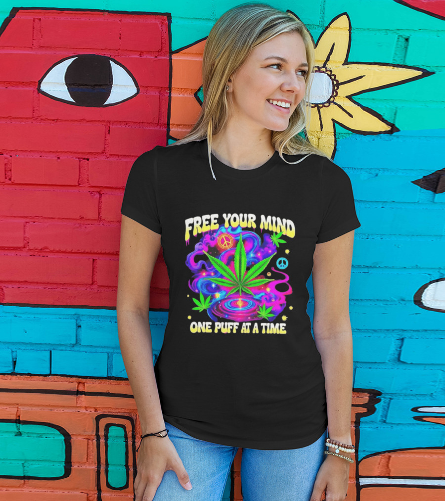 Psychedelic Cannabis Leaf Peace Sign Free Your Mind One Puff At A Time Trippy T-Shirt