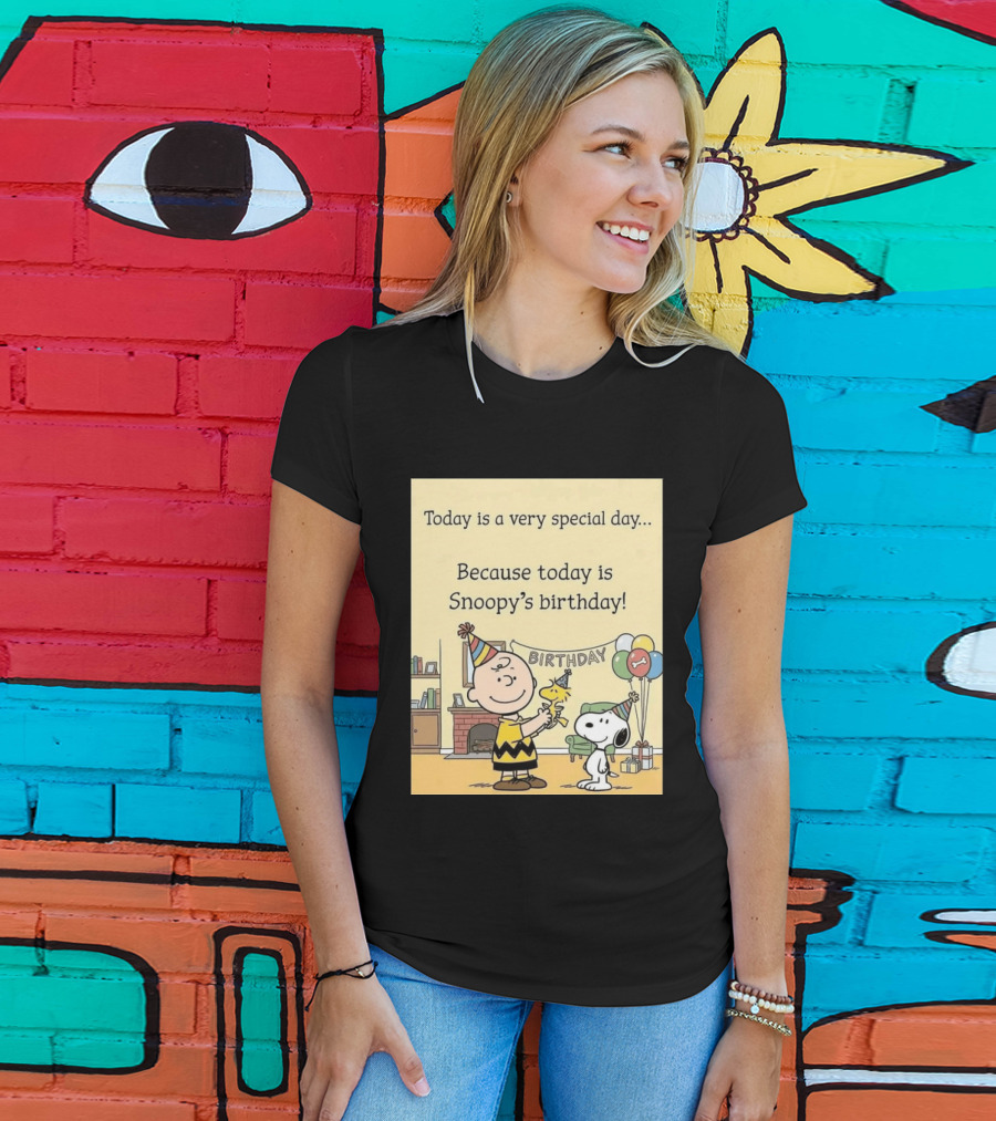 Celebrate Snoopy's Birthday With Charlie Brown And Woodstock In Party Hats And Balloons T-Shirt
