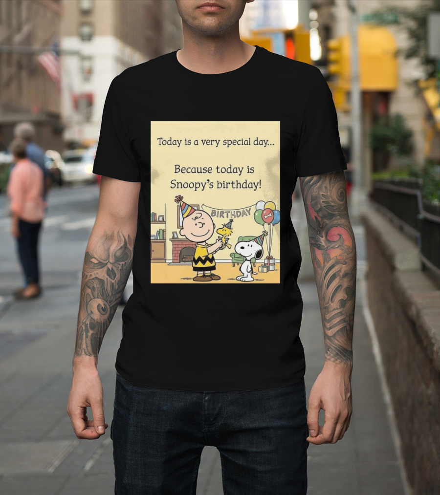 Celebrate Snoopy's Birthday With Charlie Brown And Woodstock In Party Hats And Balloons T-Shirt