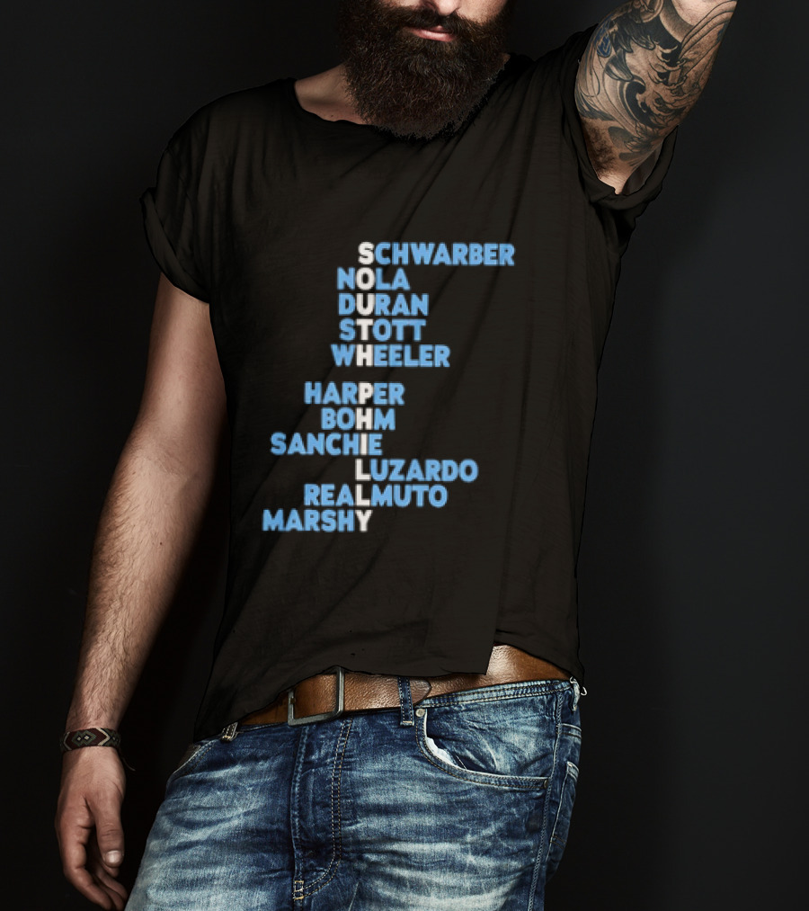 Philadelphia Phillies South Philly Baseball Player Names 2026 Schwaber Nola Duran Stott Wheeler Harper Bohm Sanchez Luzardo Realmuto Marsh T-Shirt
