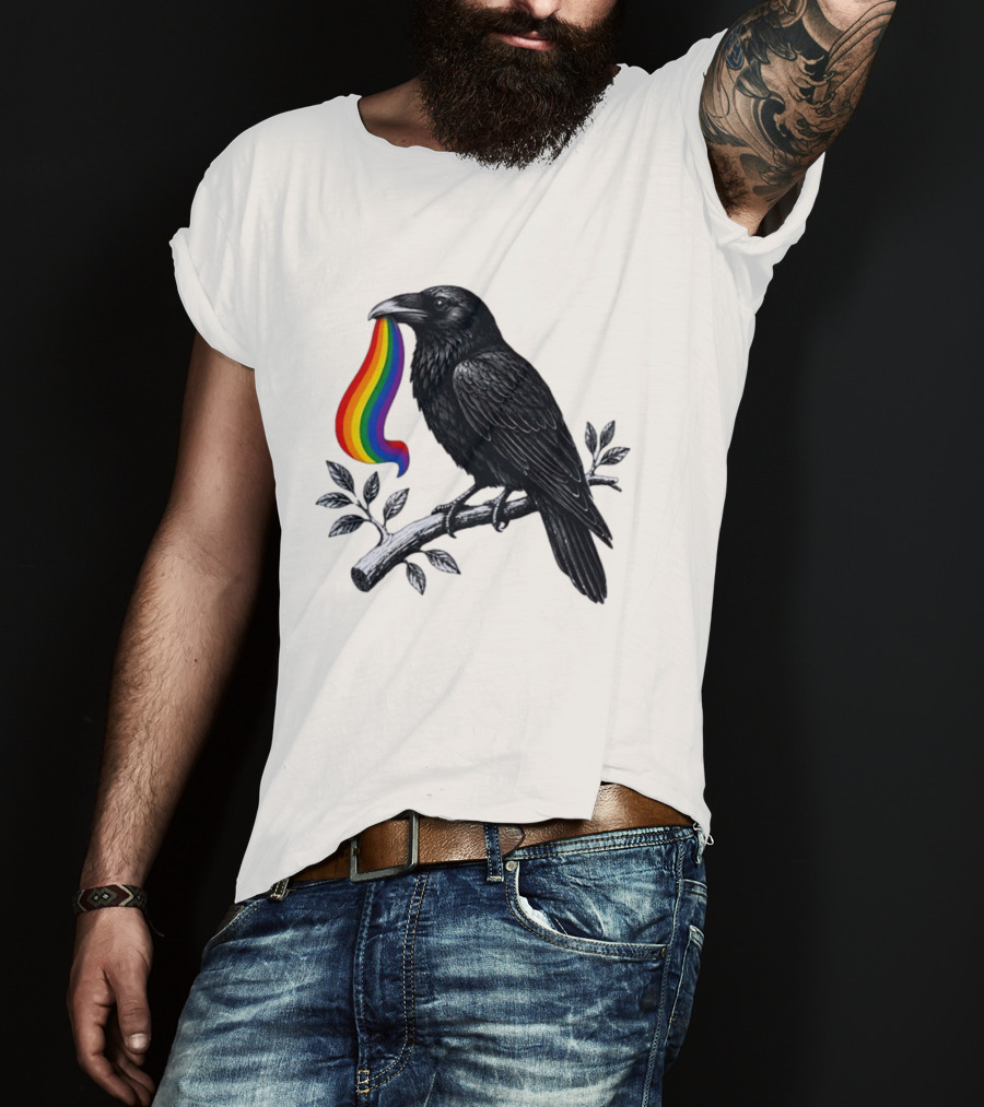 Rainbow Raven Pride Bird Holding Colorful Ribbon On Branch T-Shirt