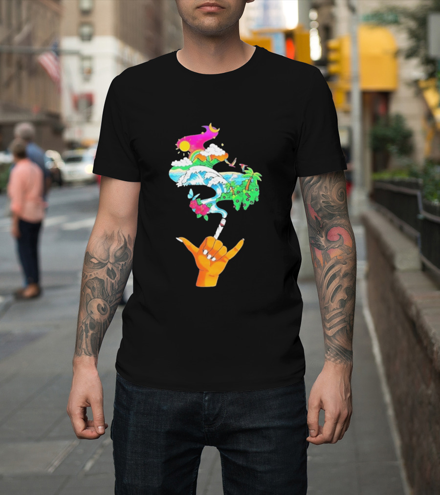 Shaka Hand Gesture With Tropical Island Wave And Colorful Clouds T-Shirt