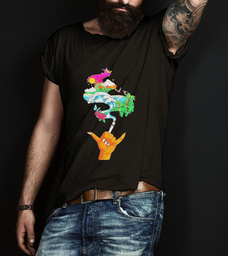 Shaka Hand Gesture With Tropical Island Wave And Colorful Clouds T-Shirt