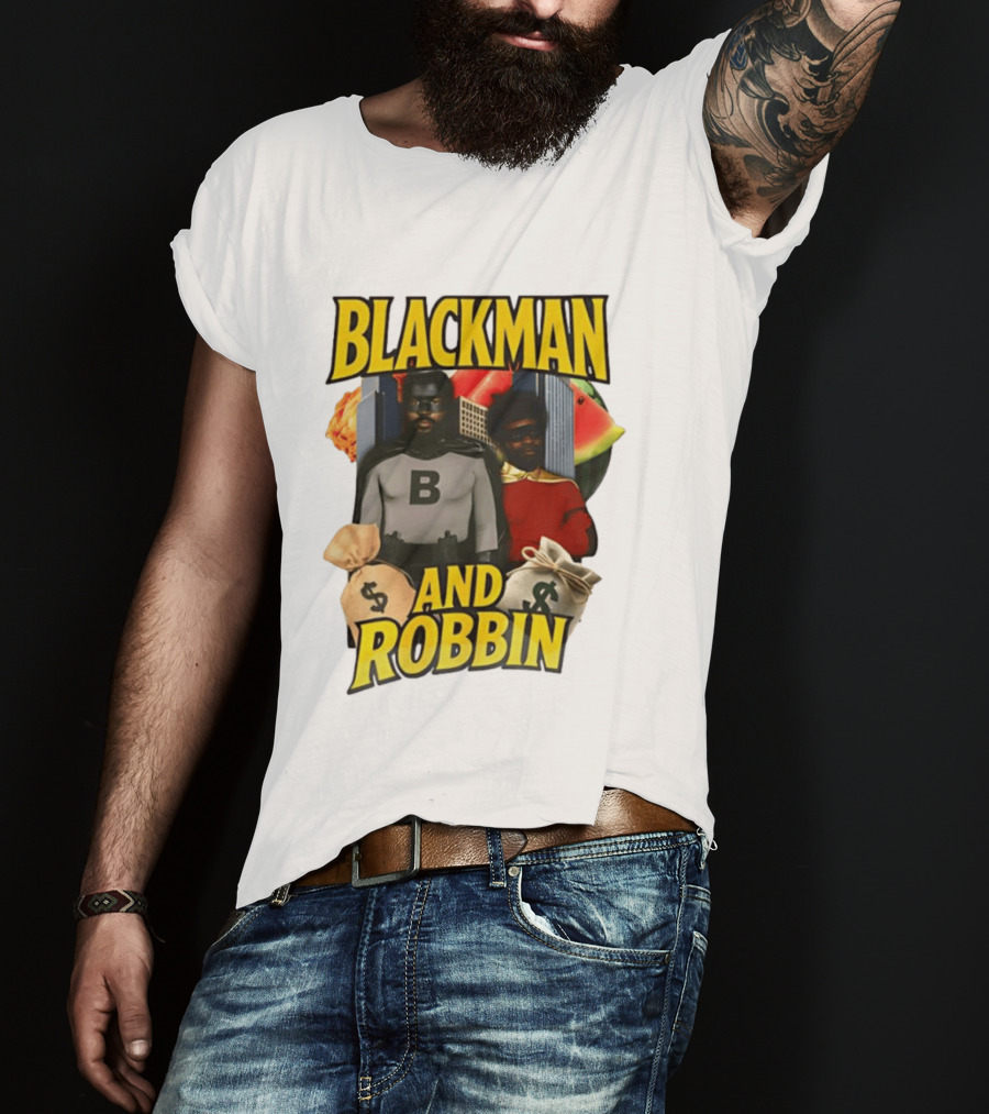 Blackman And Robbin Superhero Satire Comedy Money Bags Cityscape T-Shirt