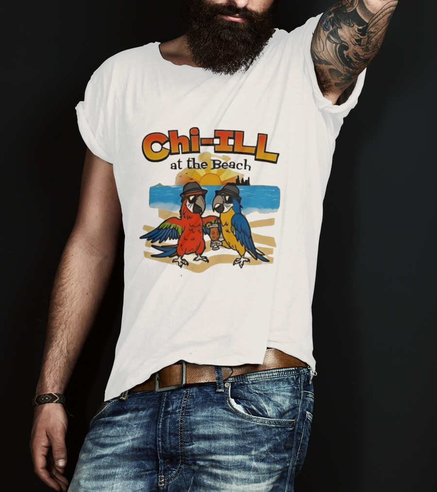 Chi ILL At The Beach Parrots With Hats And Sunset Scene T-Shirt