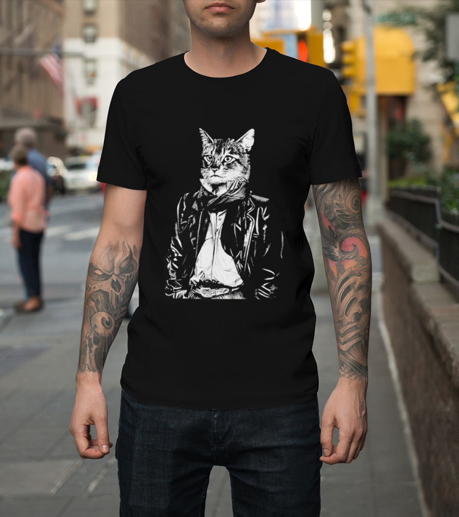 Cat They Only Come Out At Night Cool Cat In Leather Jacket T-Shirt