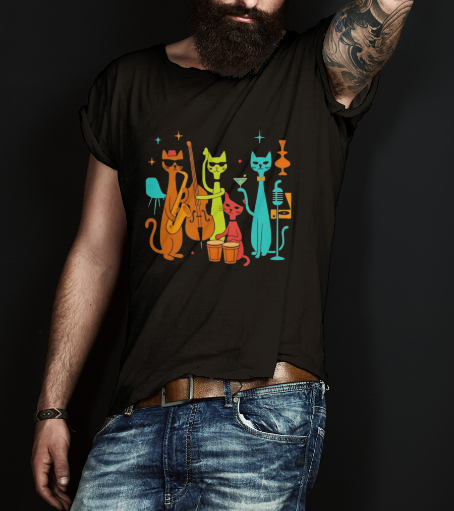 Jazz Cat Quartet Playing Instruments Bass Bongo Trumpet Martini T-Shirt