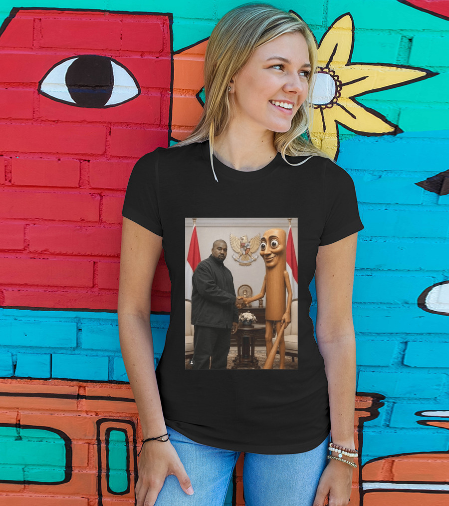 Kanye West And Indonesian Sahur Shaking Hand With Tung Tung Baton In Presidential Setting T-Shirt
