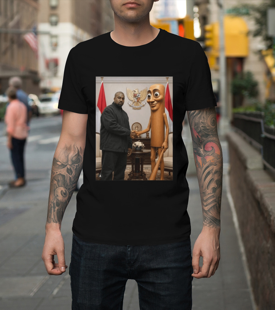 Kanye West And Indonesian Sahur Shaking Hand With Tung Tung Baton In Presidential Setting T-Shirt