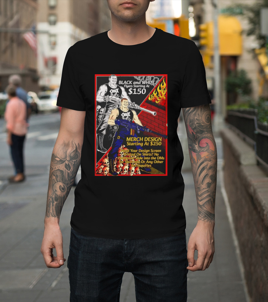 Crux Black And White Flyers And Merch Services Skulls And Flames Promo T-Shirt