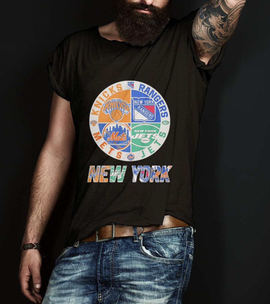 New York Knicks Rangers Mets Jets Fan Logos NY Sports Team Circle T-Shirt