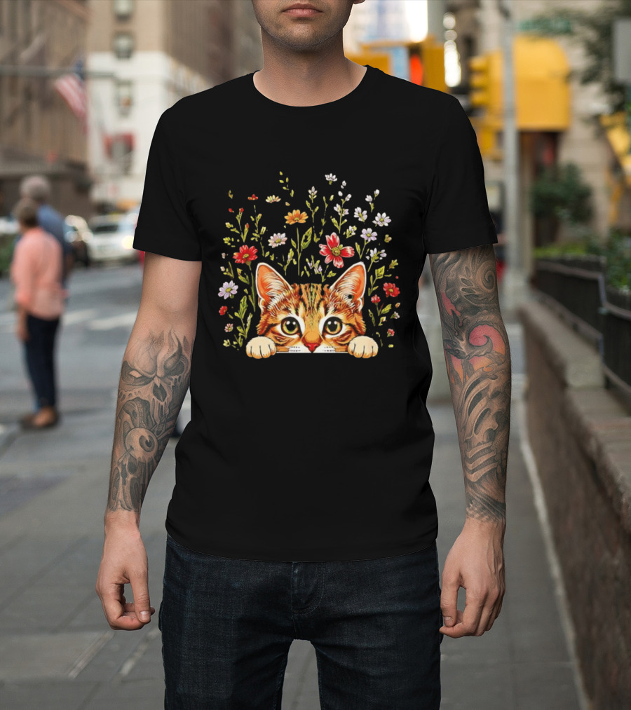 Tabby Kitten Head Through Wildflowers Florals T-Shirt