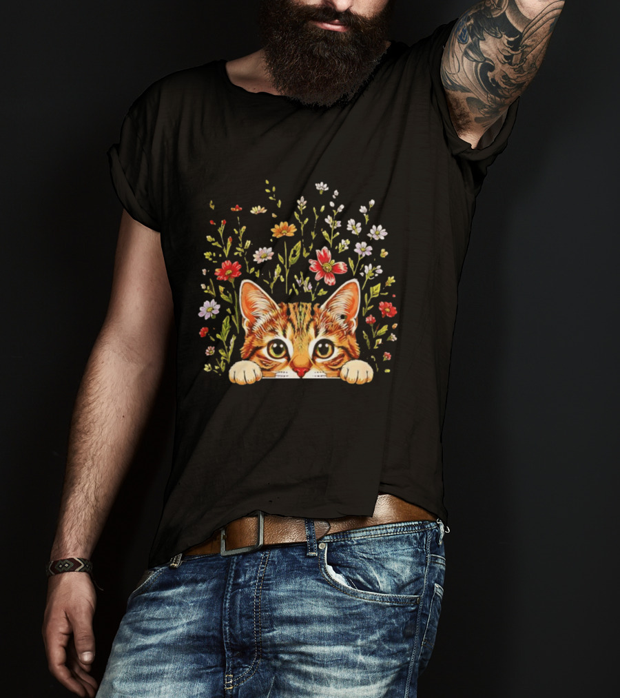 Tabby Kitten Head Through Wildflowers Florals T-Shirt