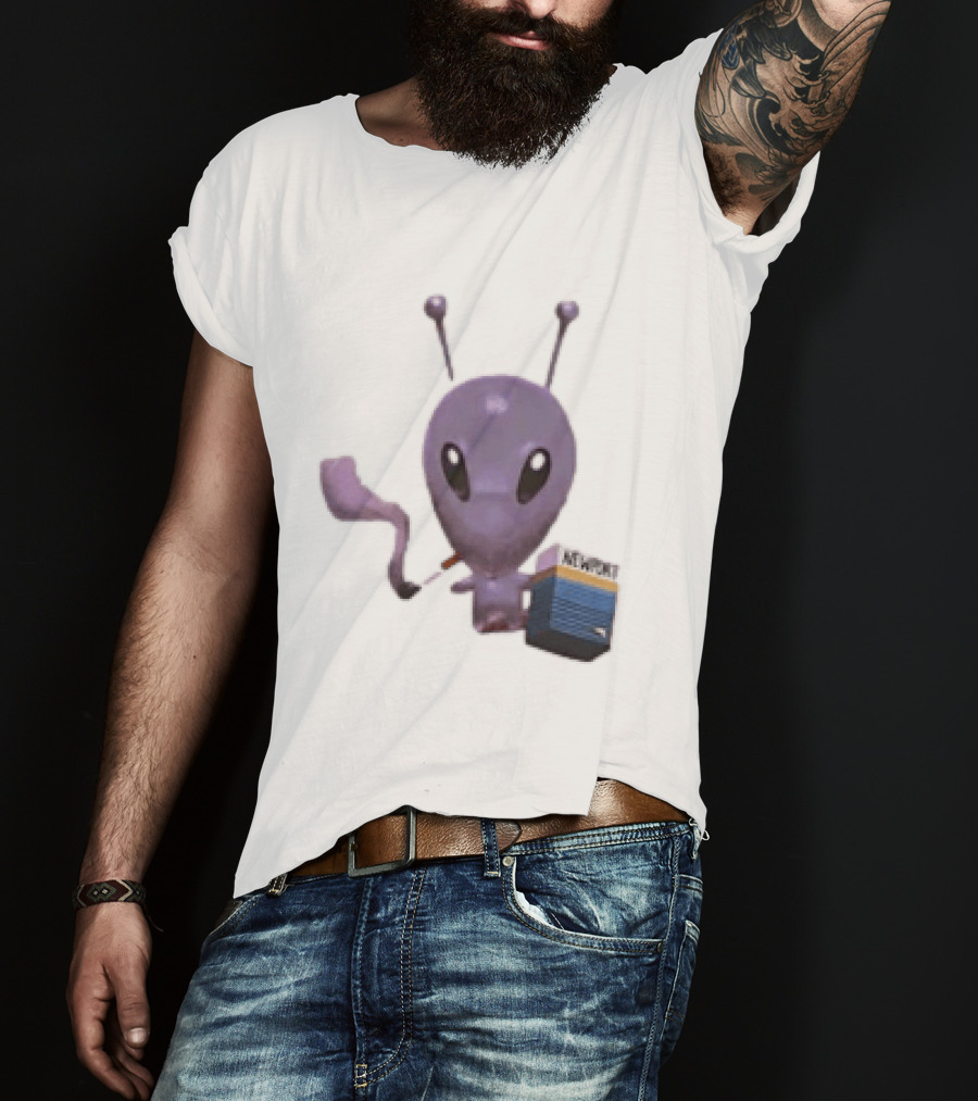 Alien Holding Newport Cigarette Pack Smoking Space Travel T-Shirt