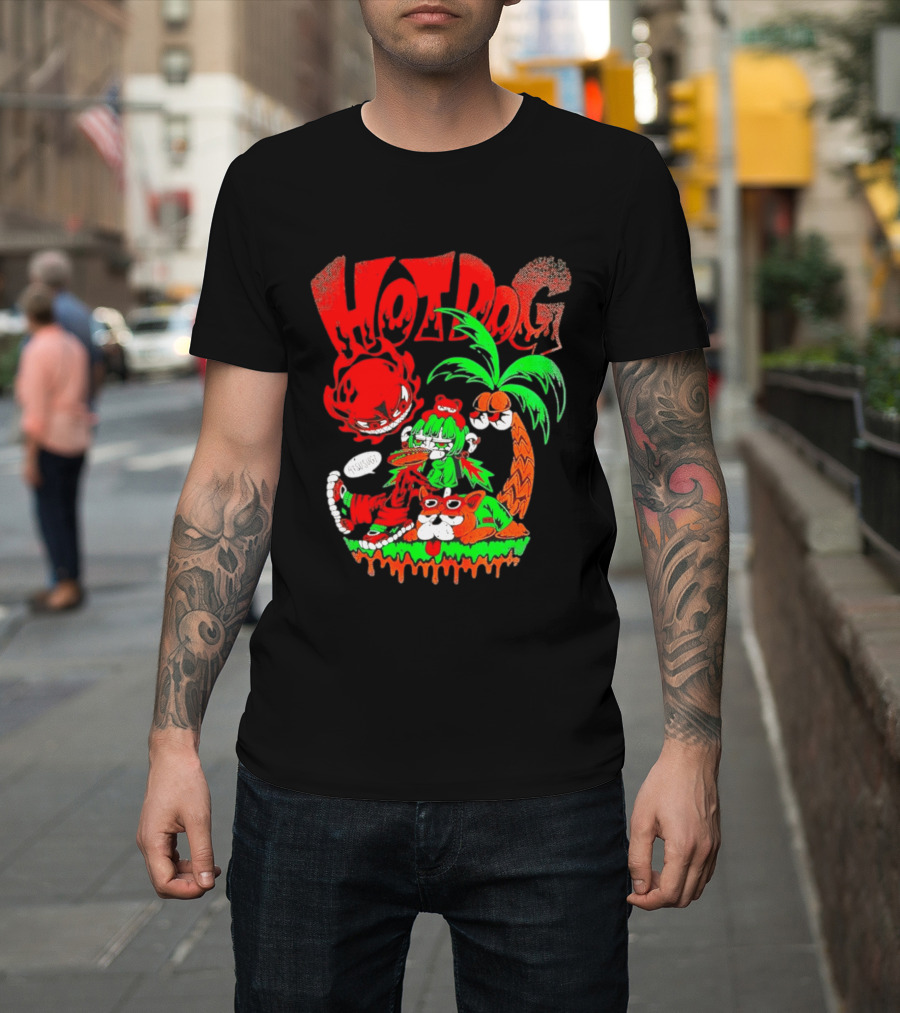 Hotdog Atsusugi Girl With Bear Hat And Dog Under Palm Tree T-Shirt