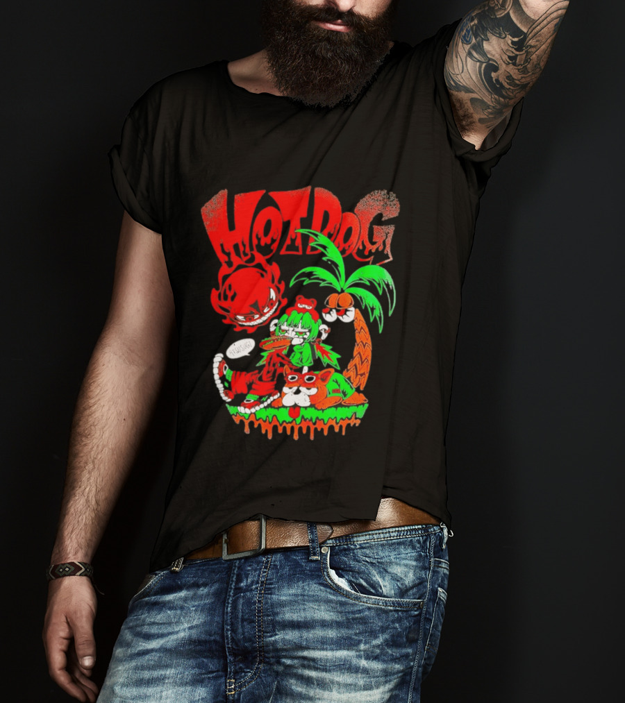 Hotdog Atsusugi Girl With Bear Hat And Dog Under Palm Tree T-Shirt