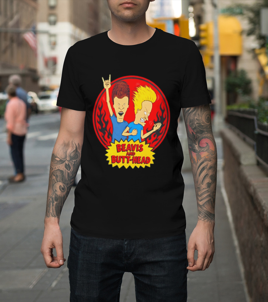Beavis And Butt Head Rocking Out Flames Circle T-Shirt