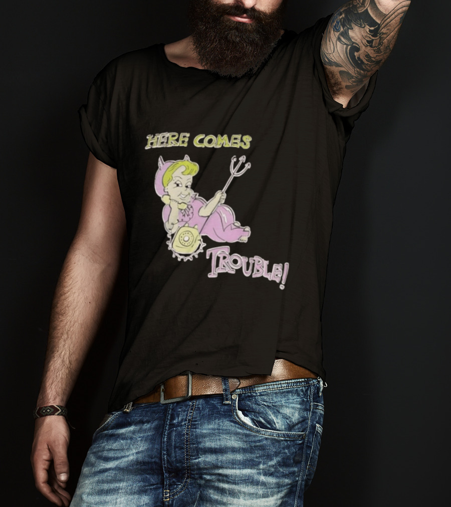Here Comes Trouble Devil Baby With Pitchfork And Telephone T-Shirt