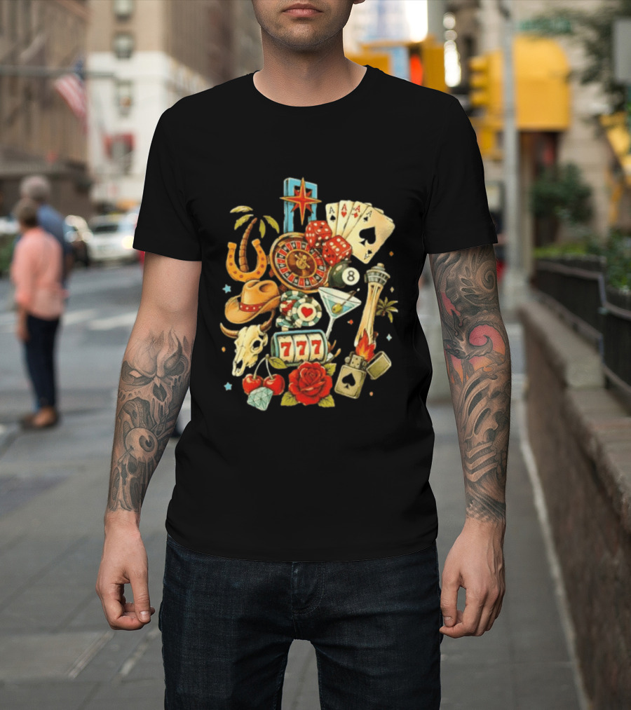 Las Vegas Casino Lucky Seven Poker Ace Of Spades Roulette Dice Palm Tree Horseshoe Rose Martini Skyscraper T-Shirt