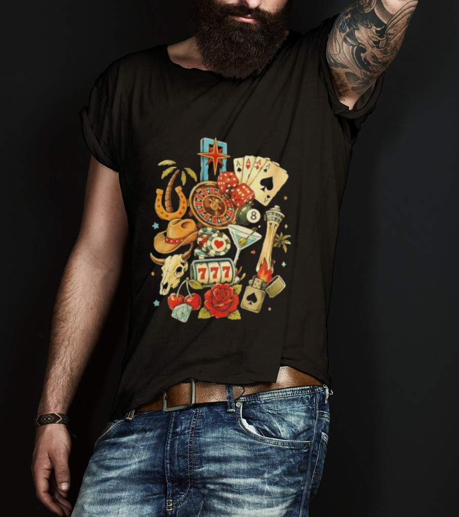 Las Vegas Casino Lucky Seven Poker Ace Of Spades Roulette Dice Palm Tree Horseshoe Rose Martini Skyscraper T-Shirt