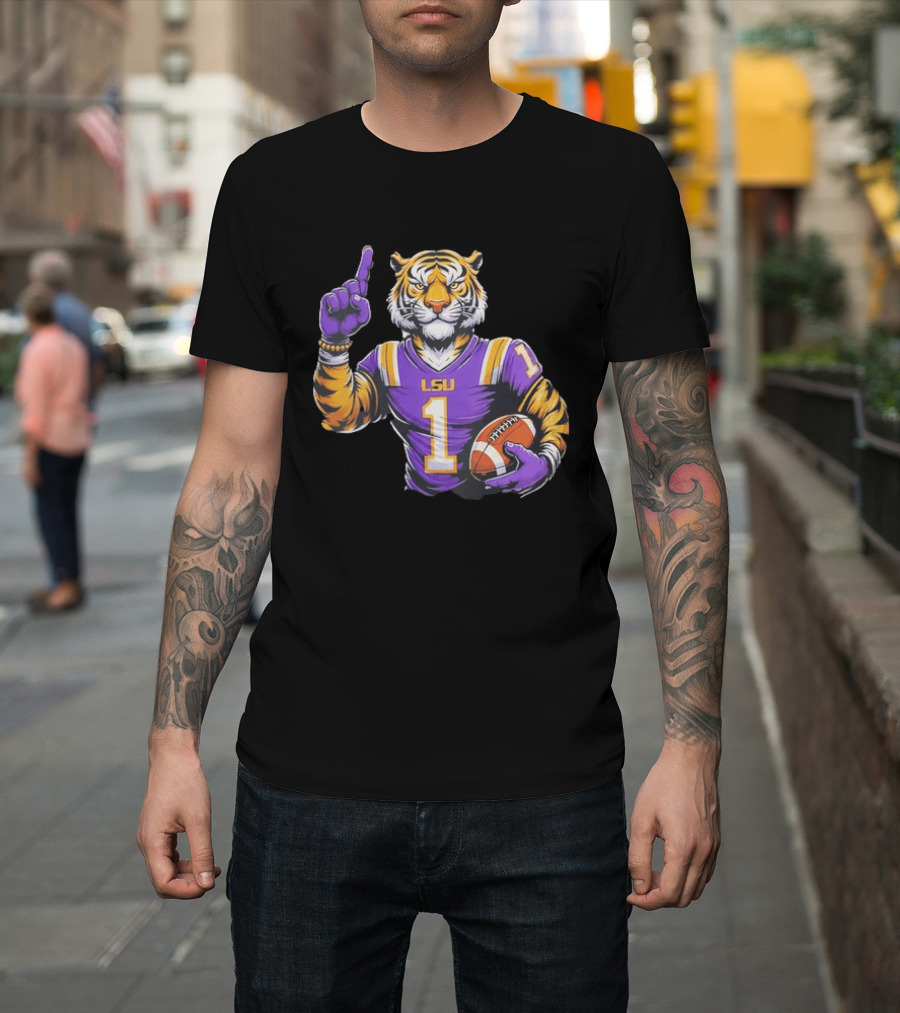 LSU Tiger Football Pointing Number 1 Holding Ball T-Shirt