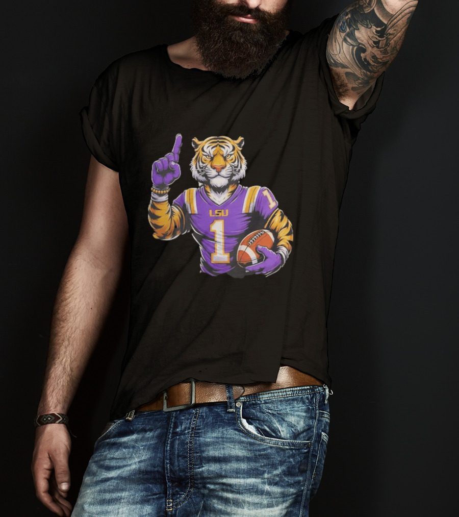 LSU Tiger Football Pointing Number 1 Holding Ball T-Shirt