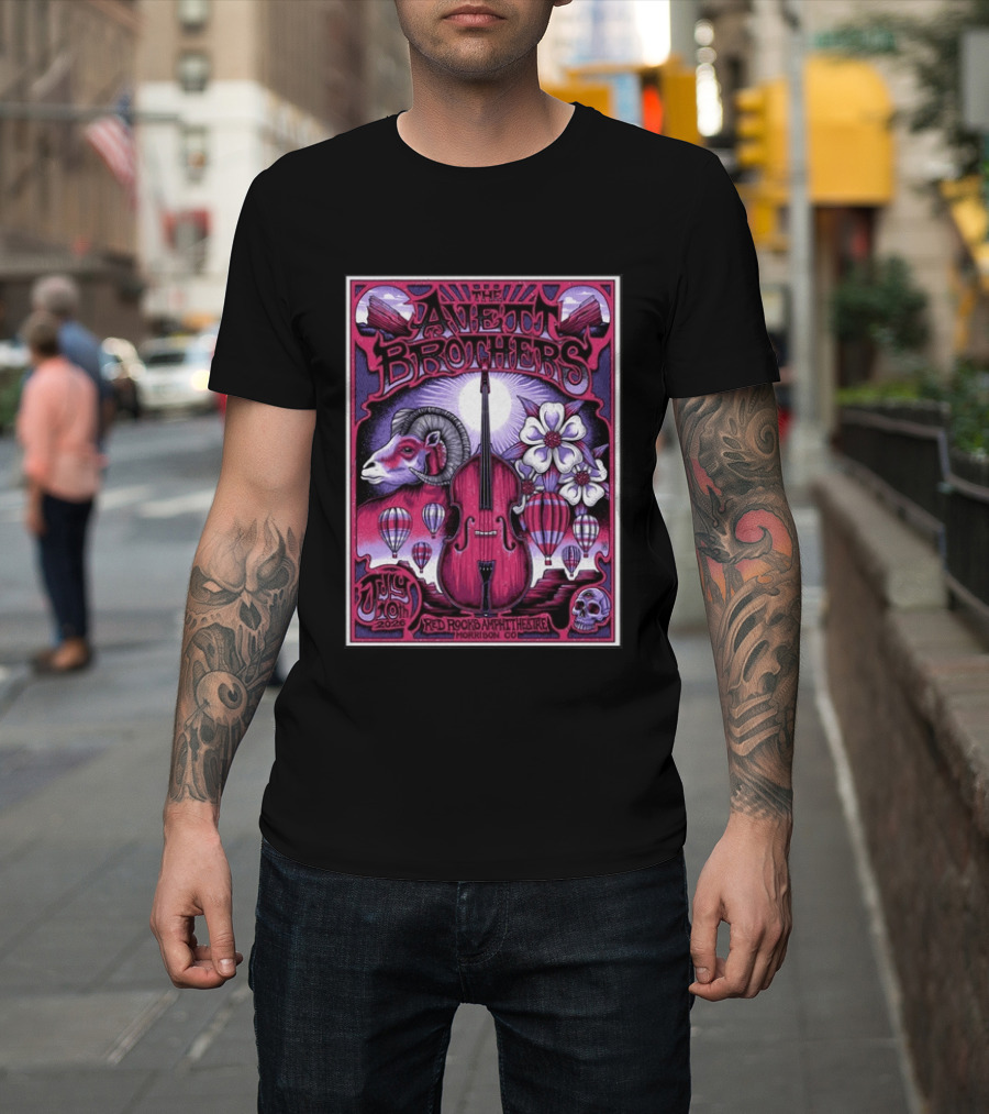 The Avett Brothers Red Rocks Amphitheatre Jul 10 2026 Morrison CO Hot Air Balloons Ram Violin Skull Art Flowers T-Shirt