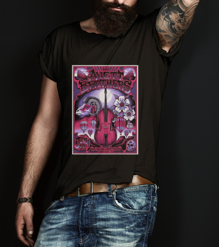 The Avett Brothers Red Rocks Amphitheatre Jul 10 2026 Morrison CO Hot Air Balloons Ram Violin Skull Art Flowers T-Shirt