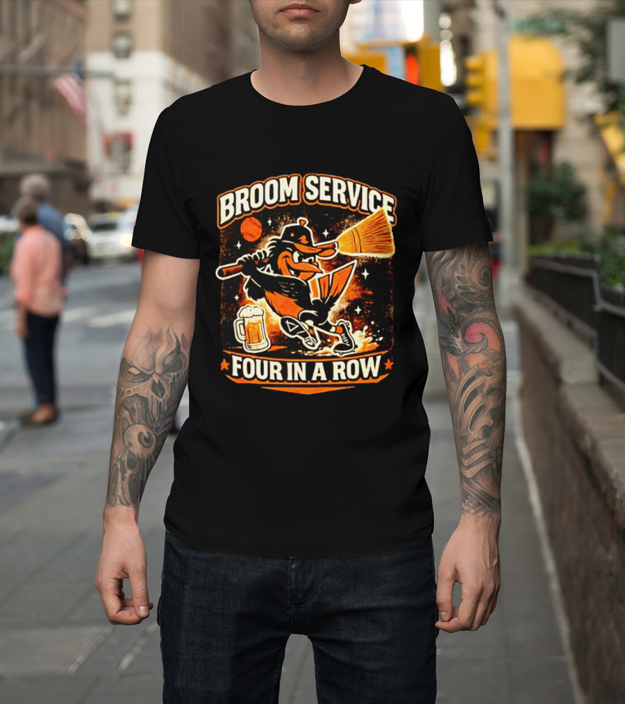 Orioles Broom Service Four In A Row Baseball Art Featuring Mascot With Broom And Beer T-Shirt