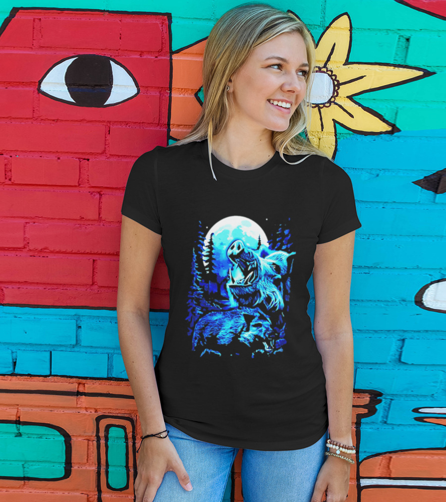 Wild Boar Howling At The Moon Under Mystical Forest Night Sky T-Shirt