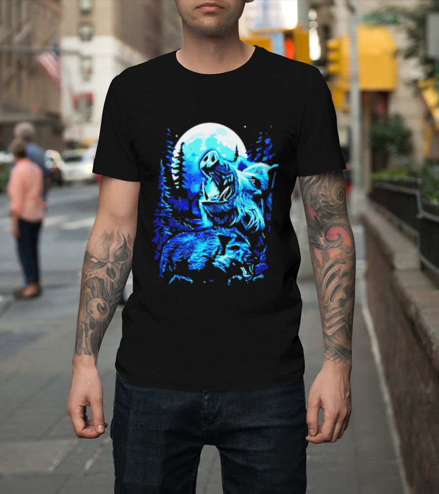 Wild Boar Howling At The Moon Under Mystical Forest Night Sky T-Shirt