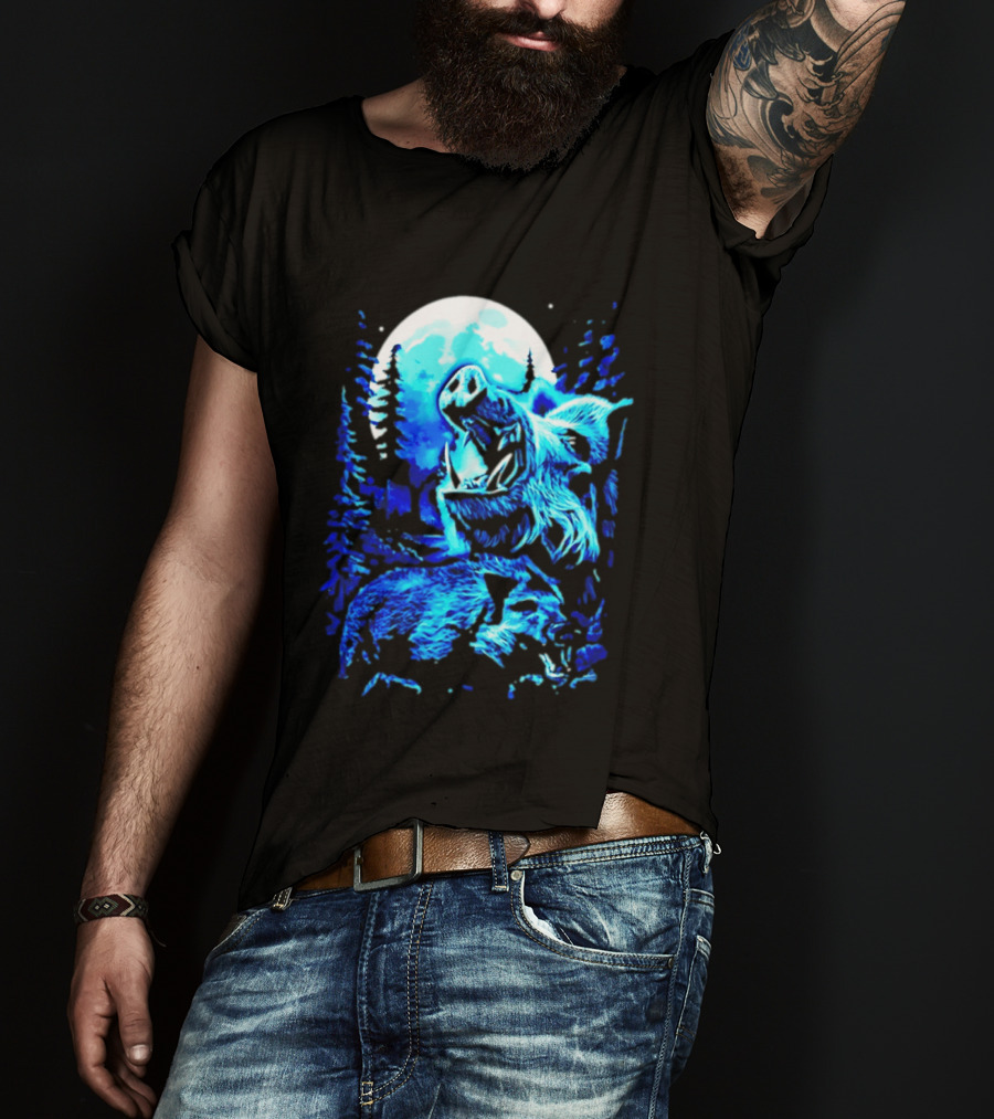 Wild Boar Howling At The Moon Under Mystical Forest Night Sky T-Shirt