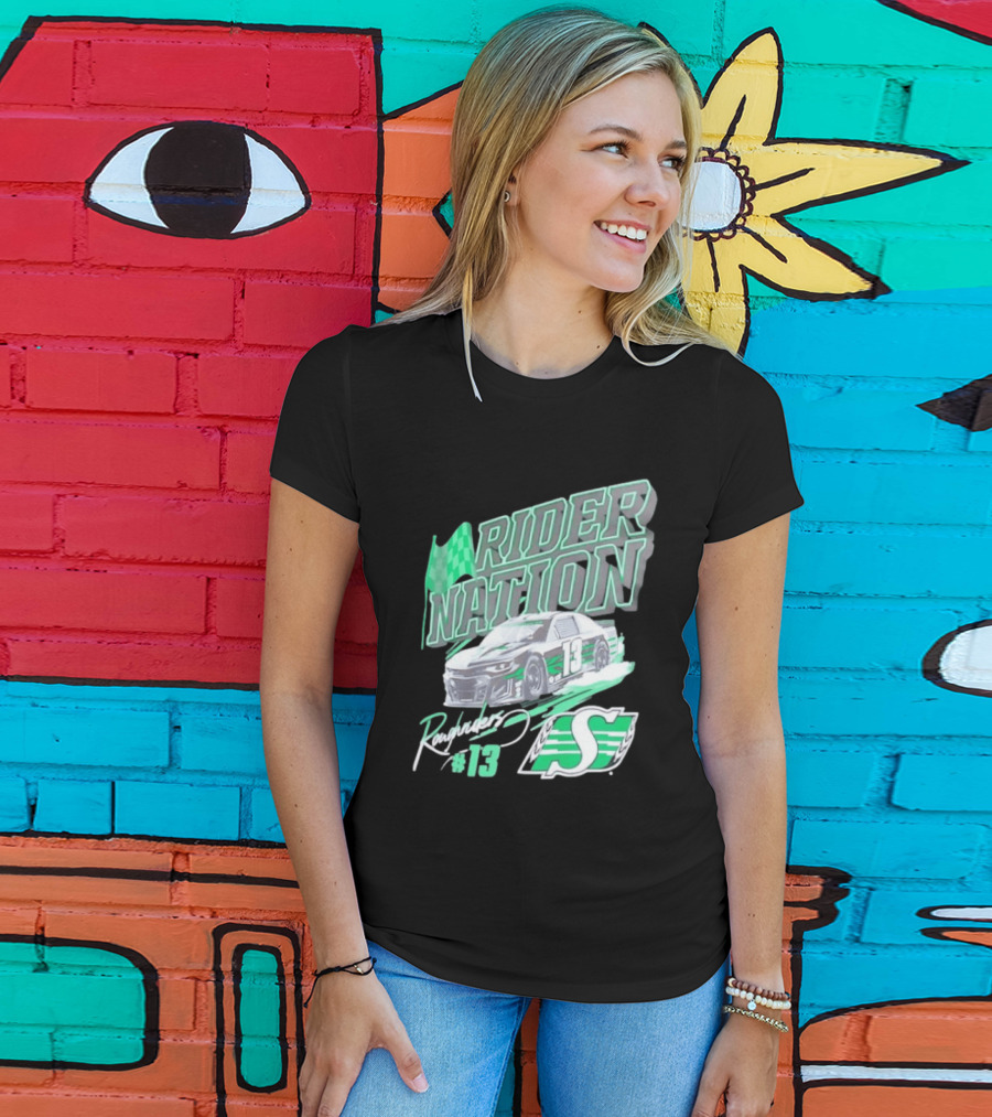 Saskatchewan Roughriders Rider Nation Race Car Number 13 With Team Logo And Flag T-Shirt